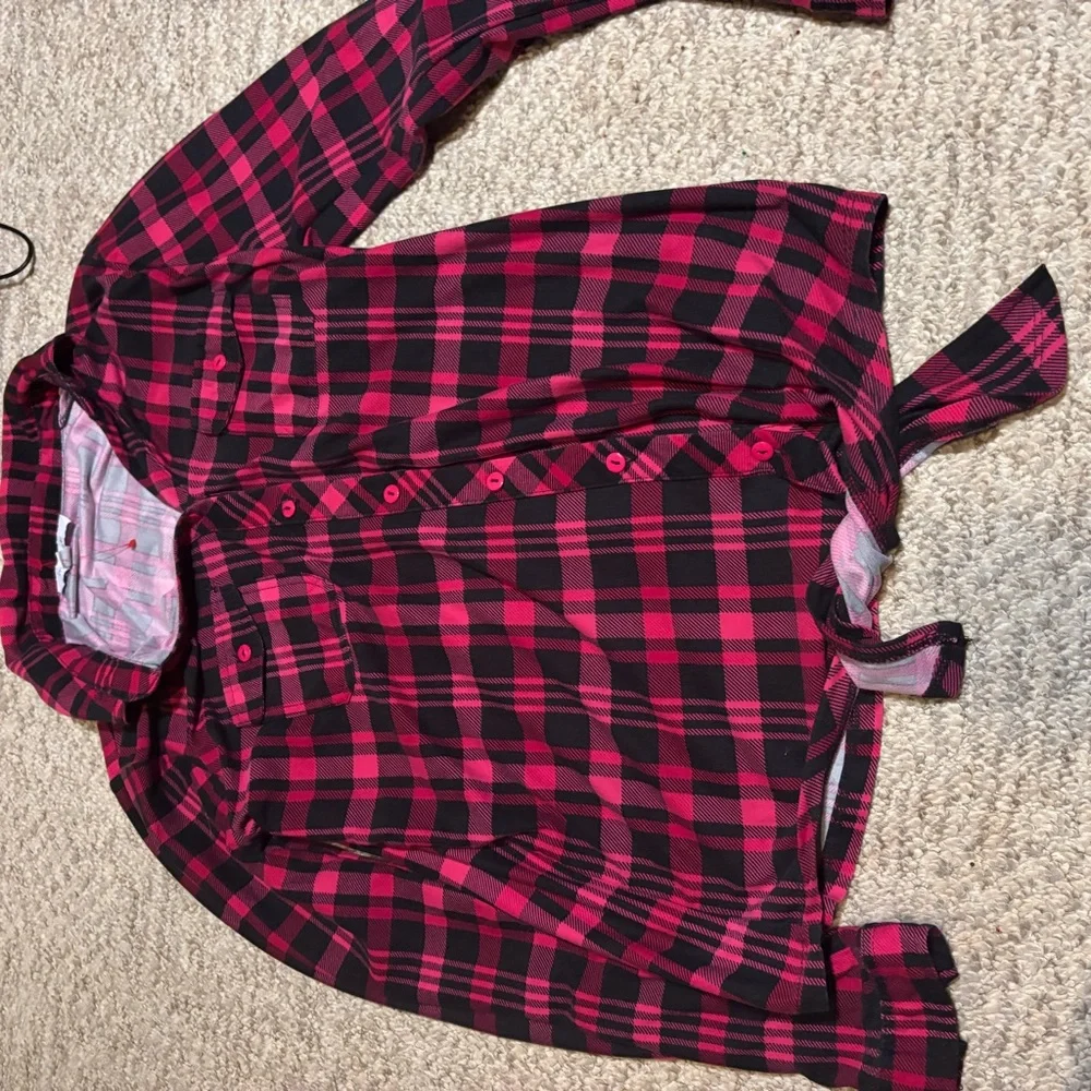 My Style Plaid Button-Up Shirt - Dark Pink and Black - Picture 10 of 13